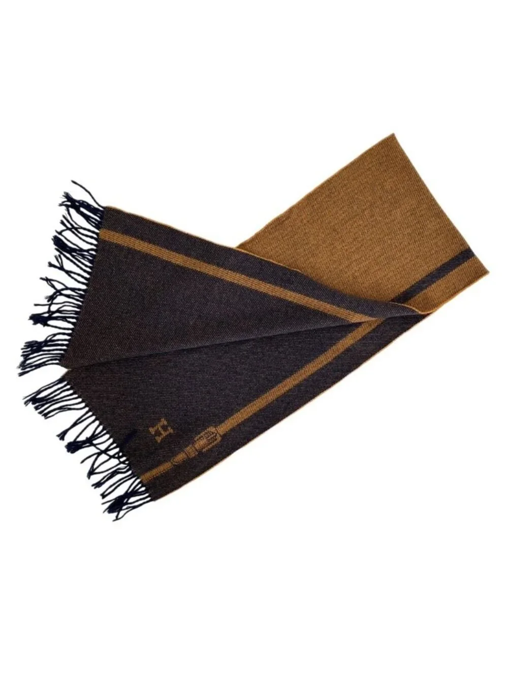 Hermes Vintage Cashmere Wool Reversible Fringe Scarf Navy Beige